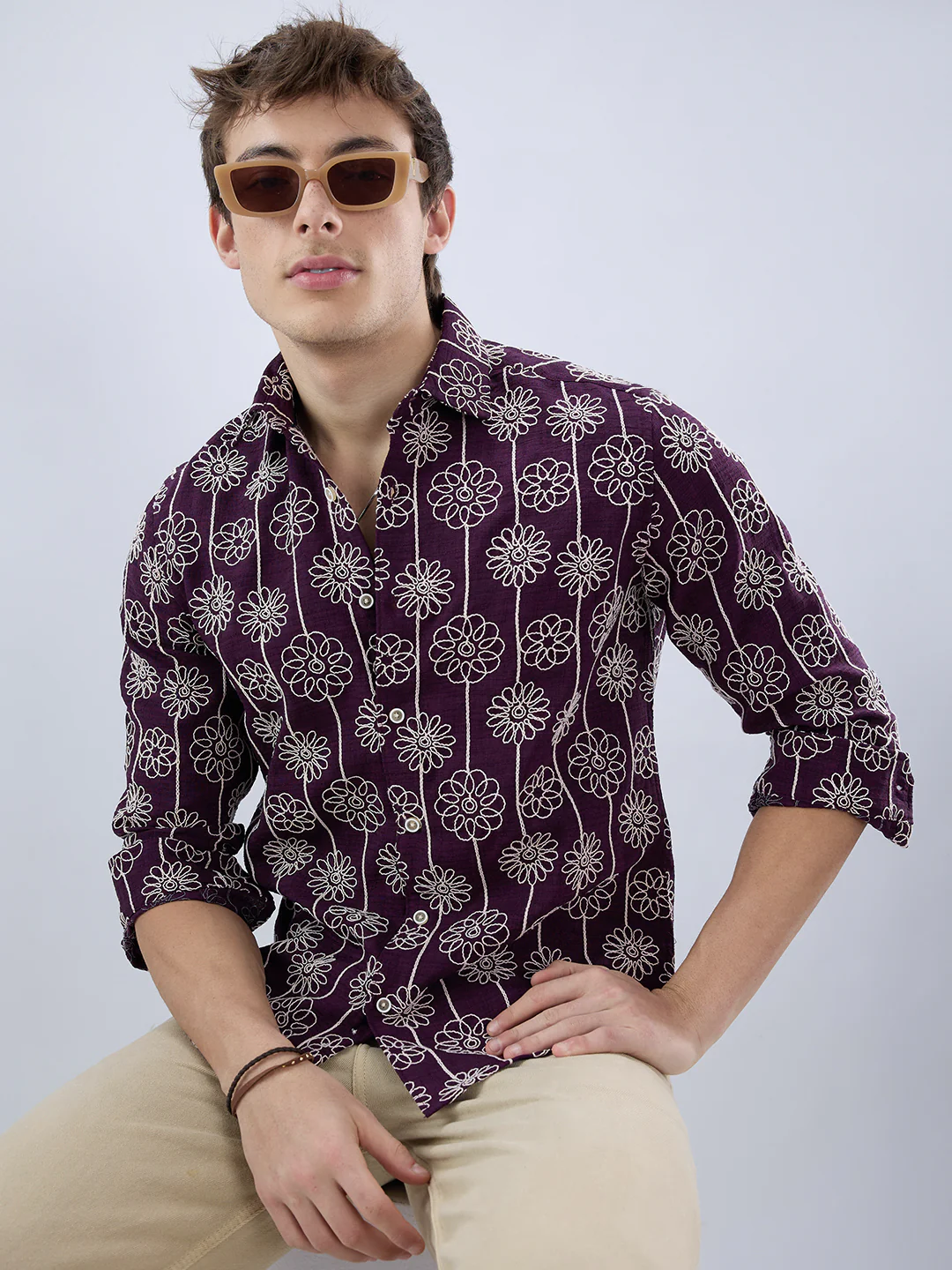 Wine Floral Embroidered Slub Shirt - Image 2