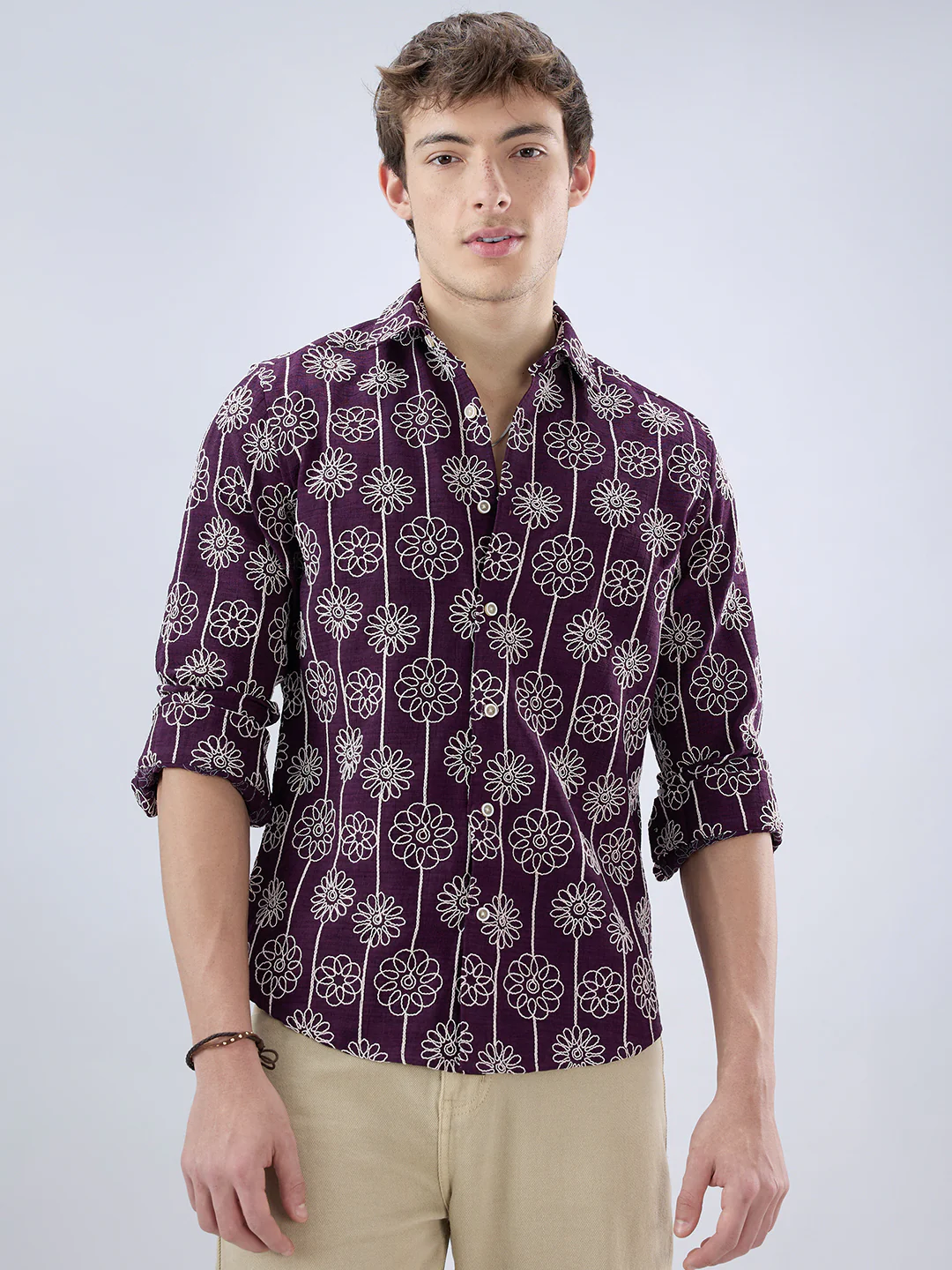 Wine Floral Embroidered Slub Shirt - Image 5