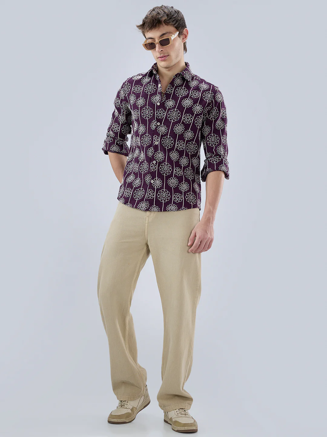 Wine Floral Embroidered Slub Shirt - Image 8