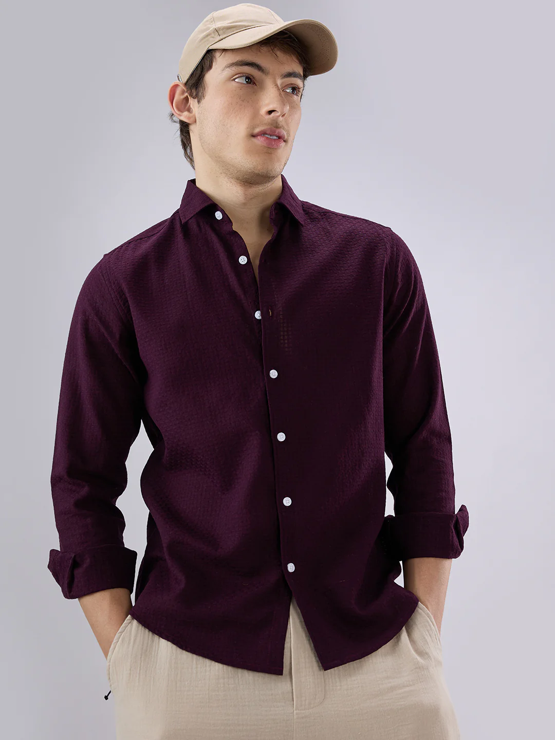 Wine Open Weave Refined Textured Shirt - Image 2