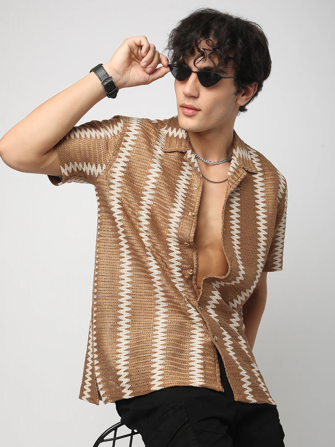 Zig-Zag Russet Brown Crochet Oversized Shirt