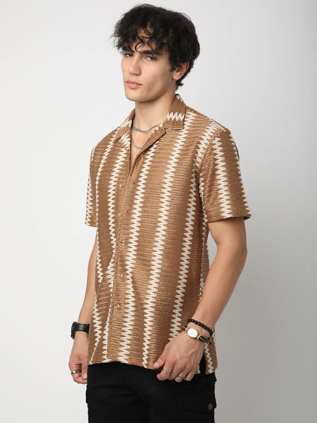 Zig-Zag Russet Brown Crochet Oversized Shirt - Image 6