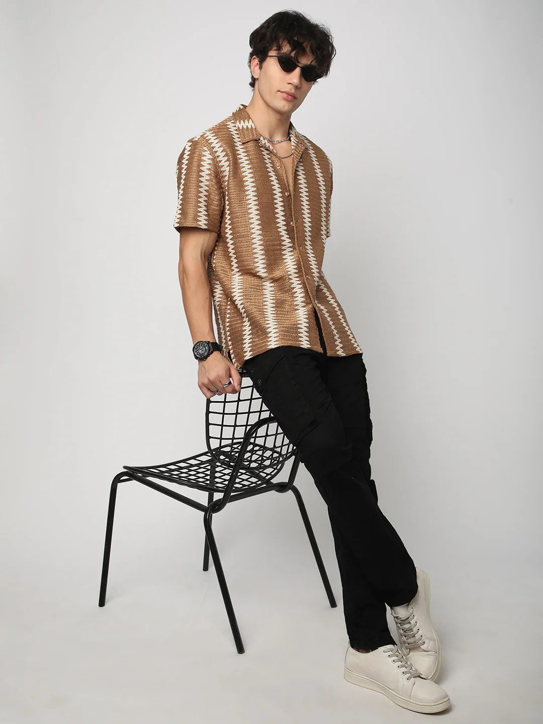 Zig-Zag Russet Brown Crochet Oversized Shirt - Image 8